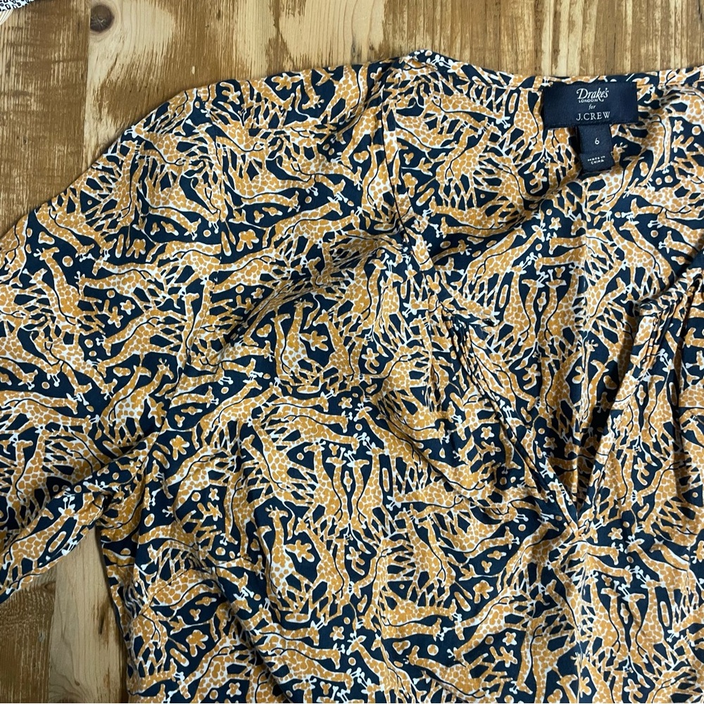 J. Crew Drake's Navy and Mustard Patterned women’s v neck blouse